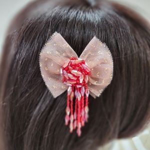 Pink and red bow holiday Christmas hair clip handmade with crystal beads